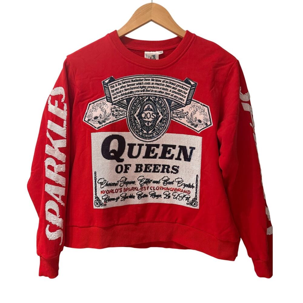 QUEEN OF SPARKLES Queen of Beers Sequin Sweatshirt XS Red Oversized